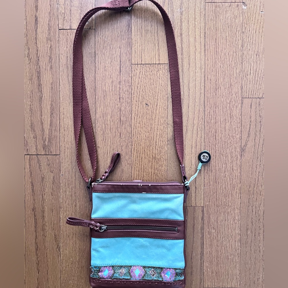 The Sak Vintage Chartreuse and brown embroidered detail long strap Purse Boho